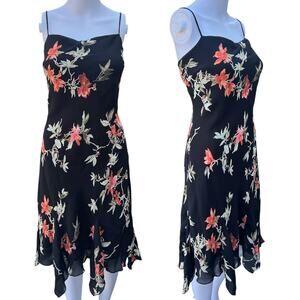 90s Y2K Lily Black Floral Chiffon Midi Dress Handkerchief Hem Women’s Large USA